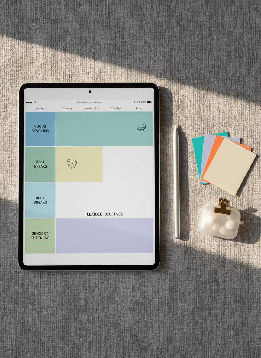 A clean, minimalist digital tablet laying on a textured light-gray fabric surface, its screen displaying a structured weekly coaching plan with color-blocked time segments, flexible routines, and icons for focus sessions, rest breaks, and sensory check-ins. Beside the tablet is a slim metal stylus, a small stack of color-coded index cards secured with a brass clip, and a pair of soft silicone earplugs in a translucent case. Natural afternoon light streams in from the left, casting gentle, elongated shadows and adding warmth to the neutral palette. Captured in photographic realism from a top-down view with ample negative space, the composition feels organized, calm, and approachable, suggesting personalized neurodivergent coaching for busy professionals balancing work and life demands.