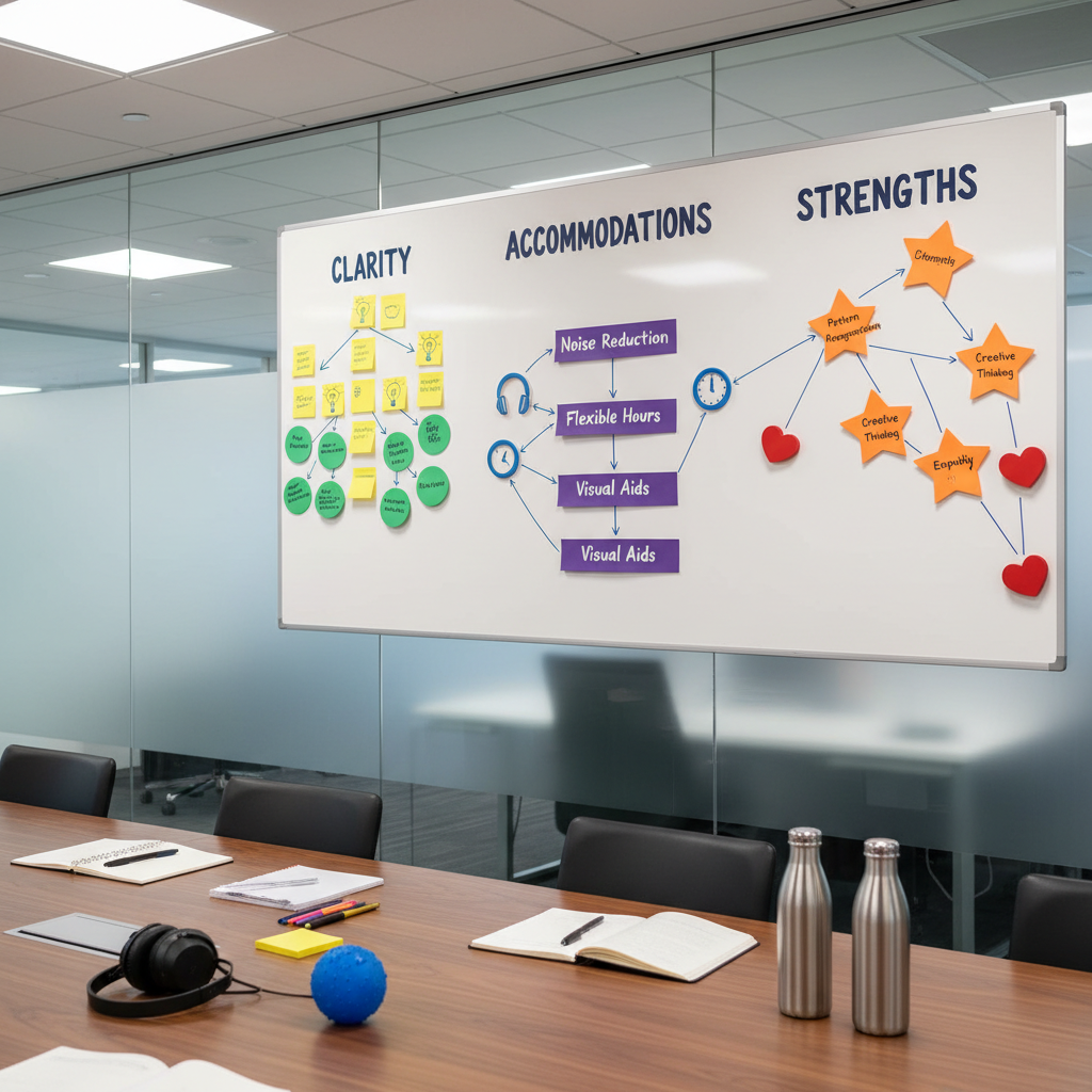 A large, wall-mounted whiteboard in a contemporary conference room, filled with a structured yet colorful framework for neurodivergent support: bold headings like “Clarity,” “Accommodations,” and “Strengths” in deep navy marker, branching into color-coded sticky notes and magnetized icons representing focus, communication, and sensory needs. A polished walnut table sits below, holding neatly arranged notebooks, noise-cancelling headphones, and a tactile rubber stress ball. Soft overhead LED panel lighting creates even, shadow-free illumination, while a frosted glass wall in the background hints at a larger office. Photographic realism from a slightly angled perspective, with balanced composition and sharp focus throughout, establishing a professional, collaborative atmosphere ideal for organizational coaching and consulting.